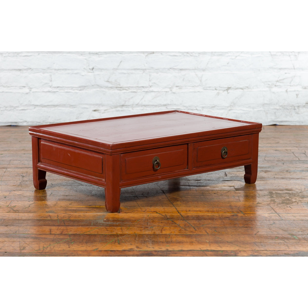 Qing Dynasty Red Lacquer Low Kang Coffee Table with Drawers and Horse Hoof Feet-4. Asian & Chinese Furniture, Art, Antiques, Vintage Home Décor for sale at FEA Home