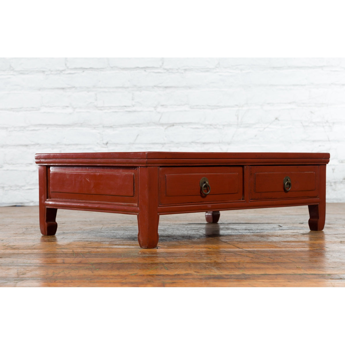 Qing Dynasty Red Lacquer Low Kang Coffee Table with Drawers and Horse Hoof Feet-6. Asian & Chinese Furniture, Art, Antiques, Vintage Home Décor for sale at FEA Home