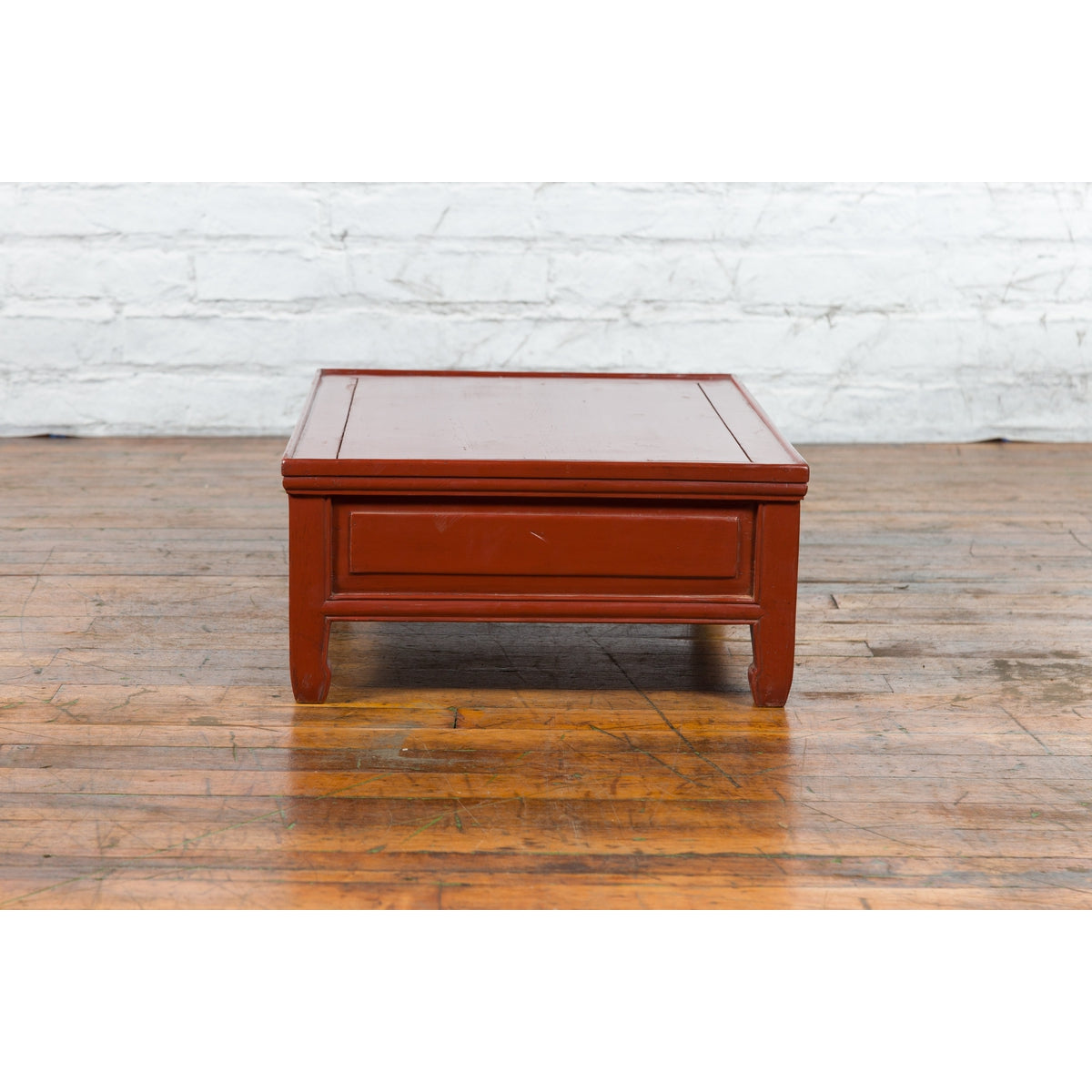 Qing Dynasty Red Lacquer Low Kang Coffee Table with Drawers and Horse Hoof Feet-10. Asian & Chinese Furniture, Art, Antiques, Vintage Home Décor for sale at FEA Home
