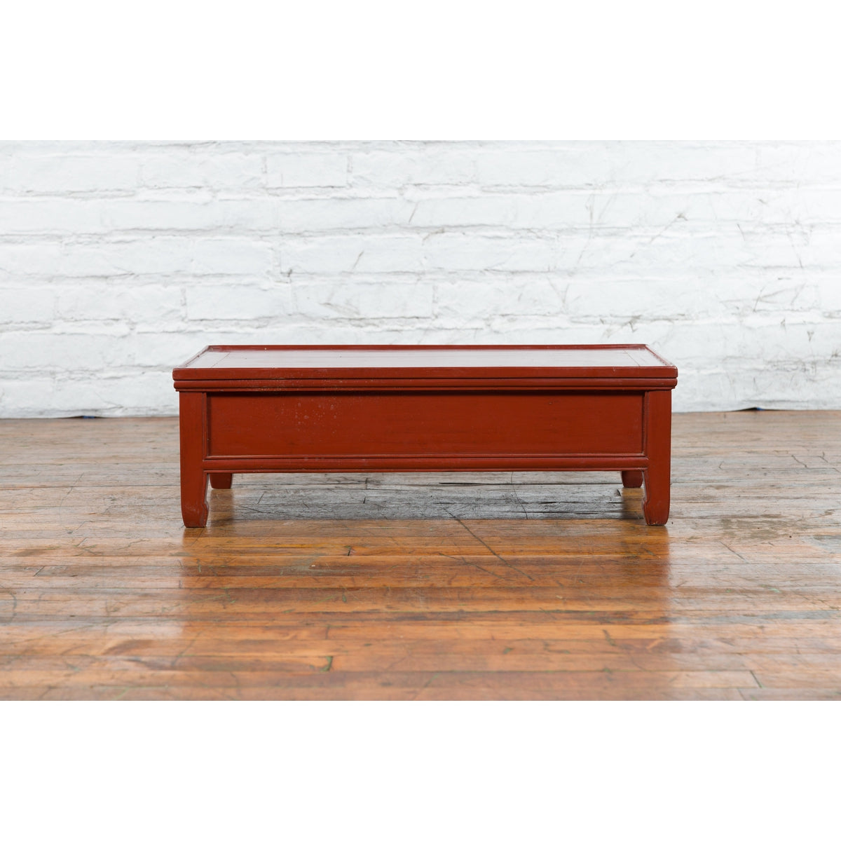 Qing Dynasty Red Lacquer Low Kang Coffee Table with Drawers and Horse Hoof Feet-11. Asian & Chinese Furniture, Art, Antiques, Vintage Home Décor for sale at FEA Home