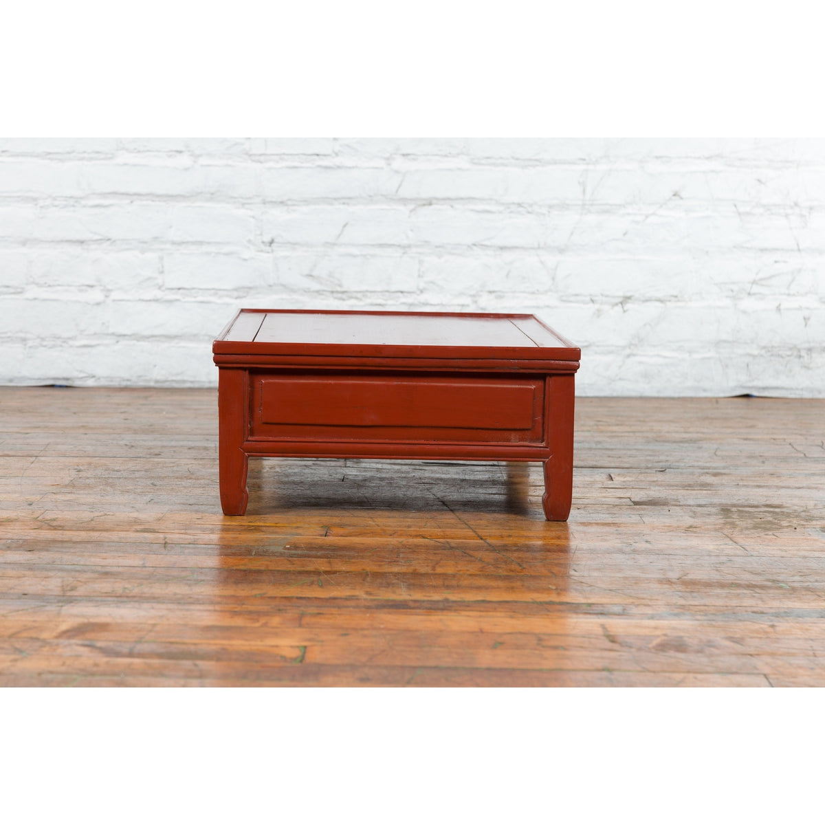 Qing Dynasty Red Lacquer Low Kang Coffee Table with Drawers and Horse Hoof Feet-12. Asian & Chinese Furniture, Art, Antiques, Vintage Home Décor for sale at FEA Home