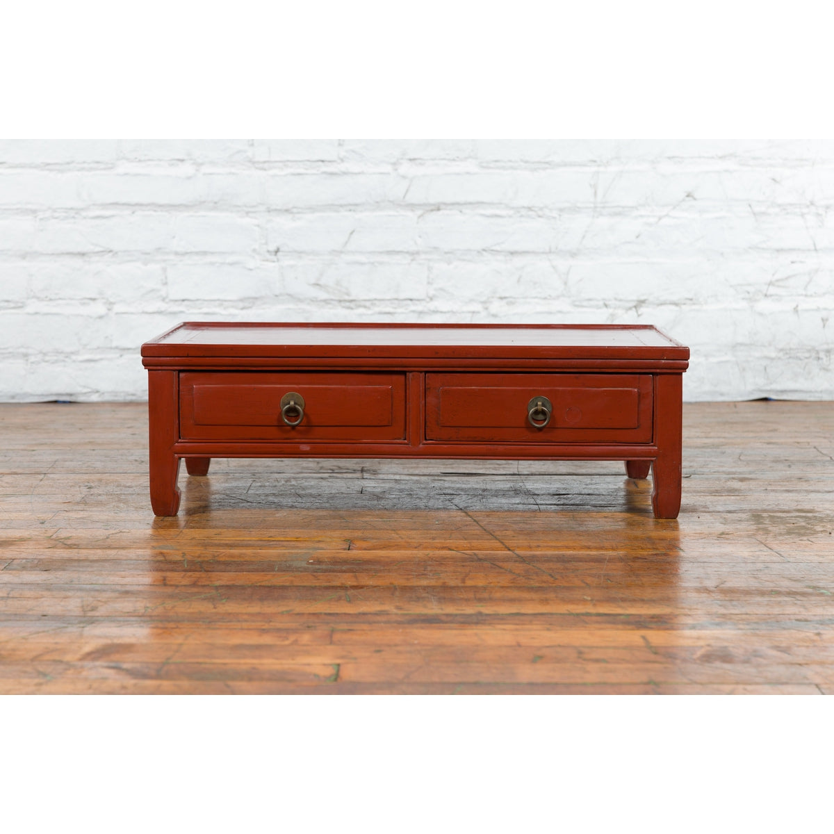 Qing Dynasty Red Lacquer Low Kang Coffee Table with Drawers and Horse Hoof Feet-13. Asian & Chinese Furniture, Art, Antiques, Vintage Home Décor for sale at FEA Home