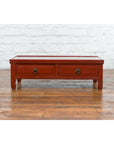 Qing Dynasty Red Lacquer Low Kang Coffee Table with Drawers and Horse Hoof Feet-13. Asian & Chinese Furniture, Art, Antiques, Vintage Home Décor for sale at FEA Home