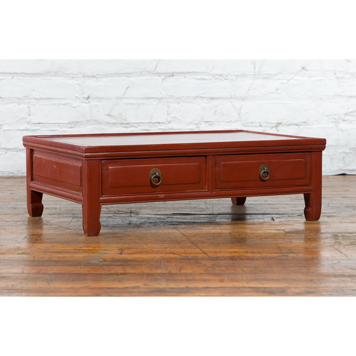 Qing Dynasty Red Lacquer Low Kang Coffee Table with Drawers and Horse Hoof Feet-14. Asian & Chinese Furniture, Art, Antiques, Vintage Home Décor for sale at FEA Home