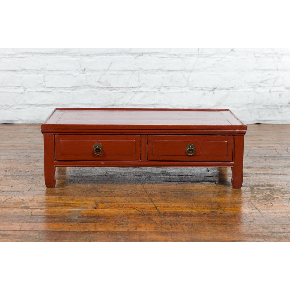 Qing Dynasty Red Lacquer Low Kang Coffee Table with Drawers and Horse Hoof Feet-3. Asian & Chinese Furniture, Art, Antiques, Vintage Home Décor for sale at FEA Home