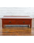 Qing Dynasty Red Lacquer Low Kang Coffee Table with Drawers and Horse Hoof Feet-3. Asian & Chinese Furniture, Art, Antiques, Vintage Home Décor for sale at FEA Home