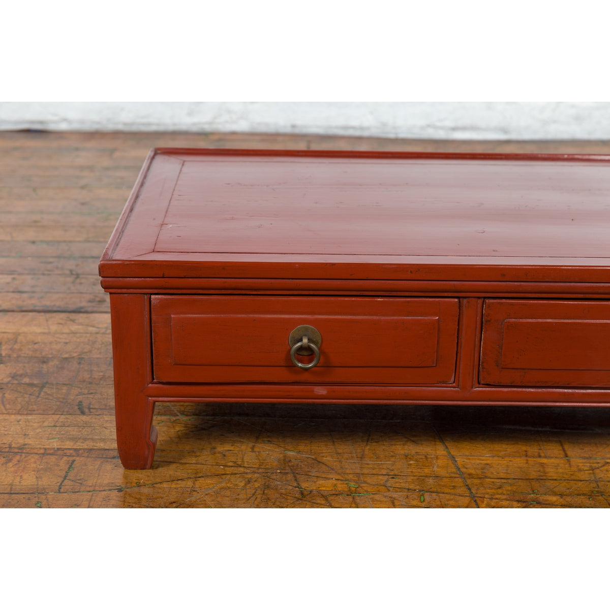 Qing Dynasty Red Lacquer Low Kang Coffee Table with Drawers and Horse Hoof Feet-7. Asian & Chinese Furniture, Art, Antiques, Vintage Home Décor for sale at FEA Home