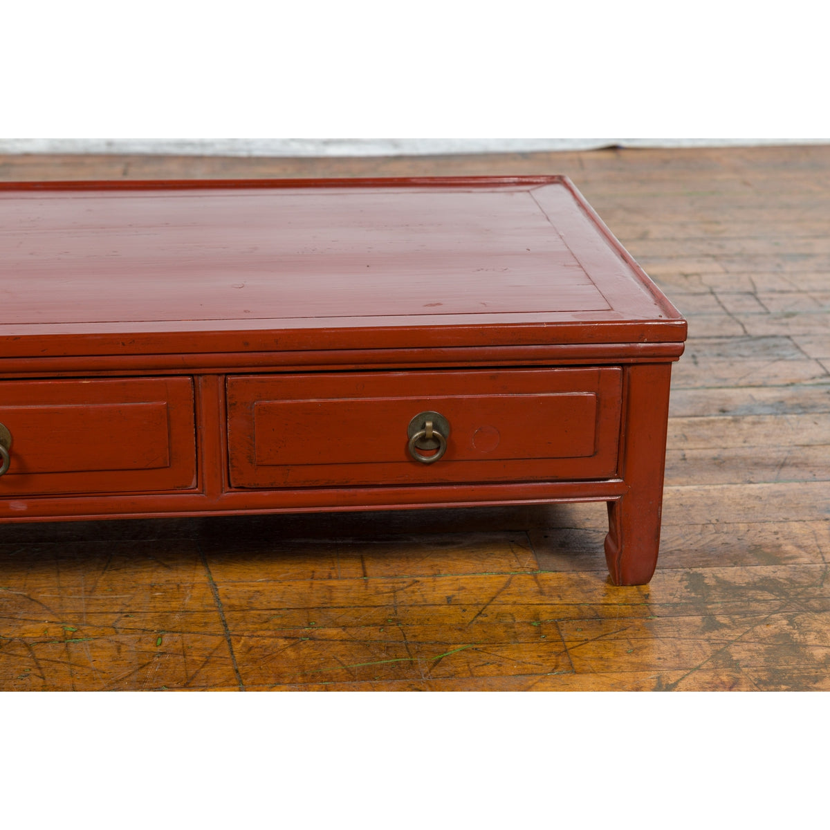 Qing Dynasty Red Lacquer Low Kang Coffee Table with Drawers and Horse Hoof Feet-8. Asian & Chinese Furniture, Art, Antiques, Vintage Home Décor for sale at FEA Home