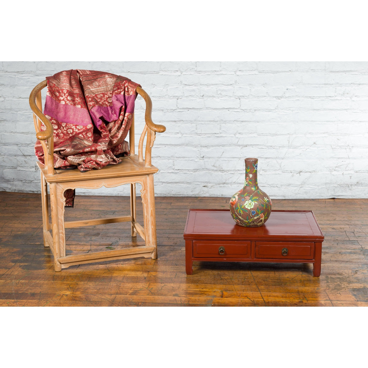 Qing Dynasty Red Lacquer Low Kang Coffee Table with Drawers and Horse Hoof Feet-2. Asian & Chinese Furniture, Art, Antiques, Vintage Home Décor for sale at FEA Home