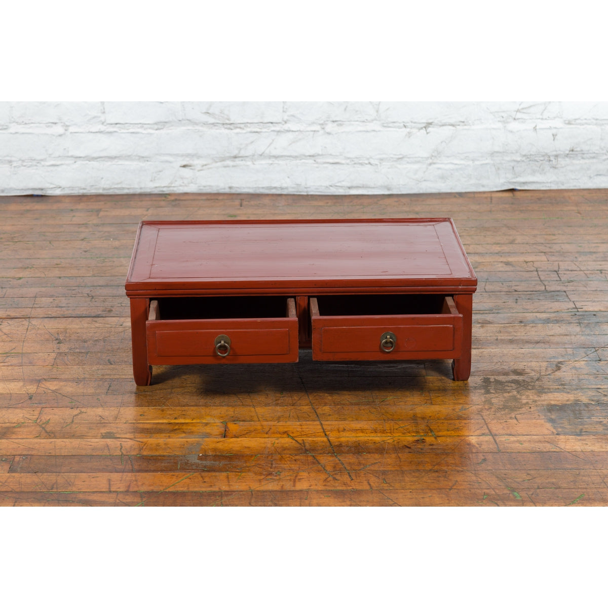 Qing Dynasty Red Lacquer Low Kang Coffee Table with Drawers and Horse Hoof Feet-5. Asian & Chinese Furniture, Art, Antiques, Vintage Home Décor for sale at FEA Home