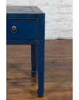 Chinese Ming Dynasty Style Single Drawer Blue Lacquer Table with Horse Hoof Legs-11. Asian & Chinese Furniture, Art, Antiques, Vintage Home Décor for sale at FEA Home
