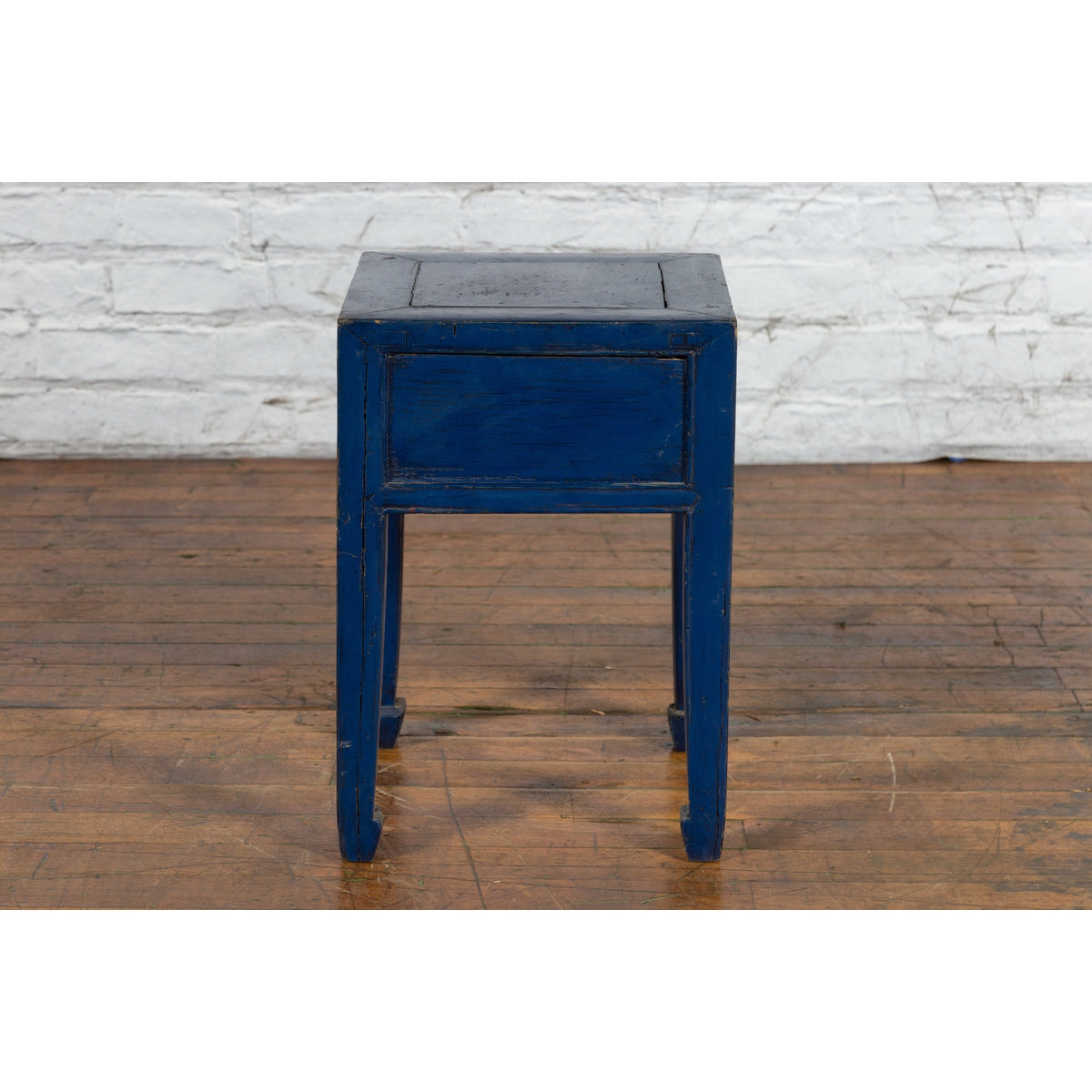 Chinese Ming Dynasty Style Single Drawer Blue Lacquer Table with Horse Hoof Legs-14. Asian & Chinese Furniture, Art, Antiques, Vintage Home Décor for sale at FEA Home