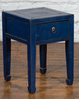 Chinese Ming Dynasty Style Single Drawer Blue Lacquer Table with Horse Hoof Legs-4. Asian & Chinese Furniture, Art, Antiques, Vintage Home Décor for sale at FEA Home