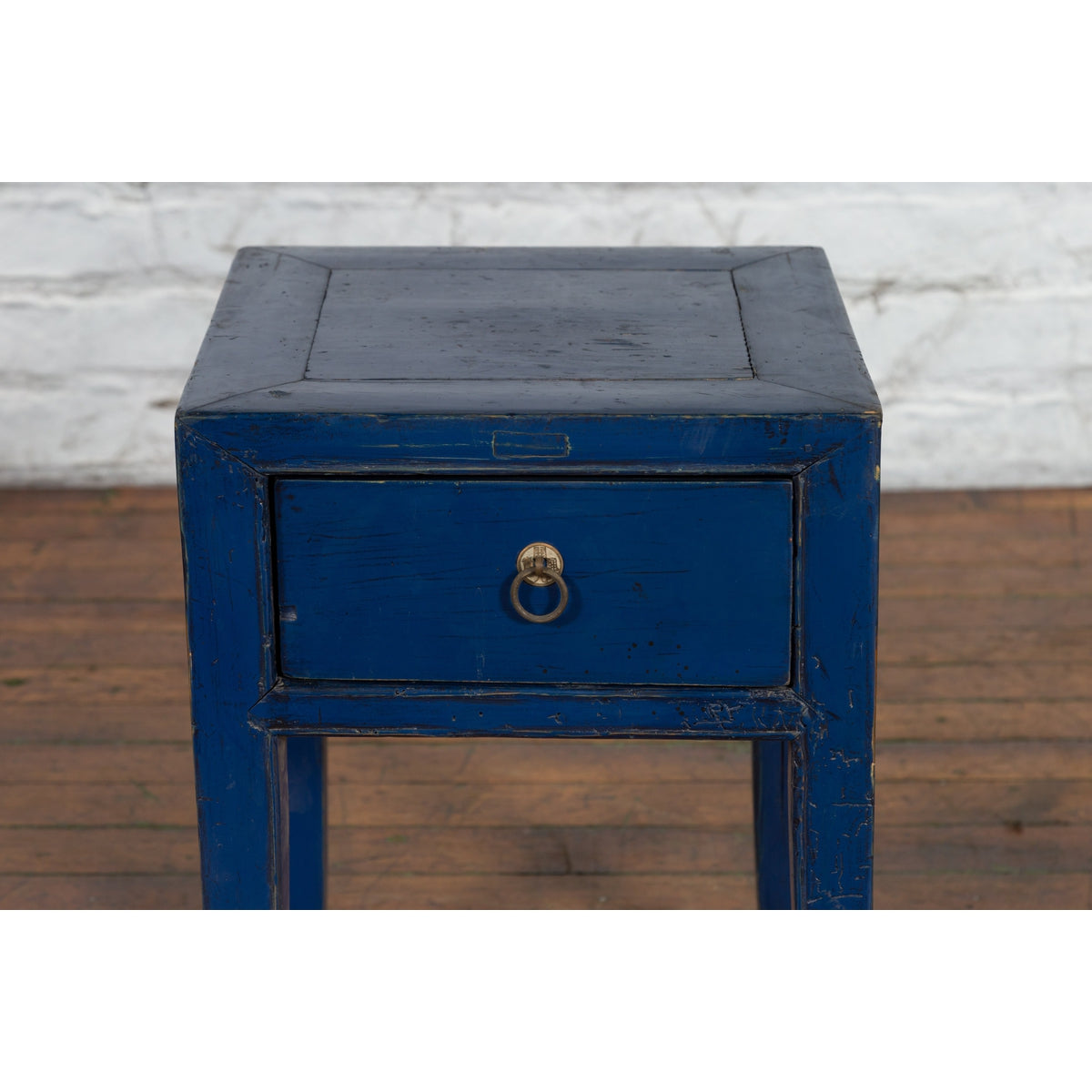 Chinese Ming Dynasty Style Single Drawer Blue Lacquer Table with Horse Hoof Legs-6. Asian & Chinese Furniture, Art, Antiques, Vintage Home Décor for sale at FEA Home