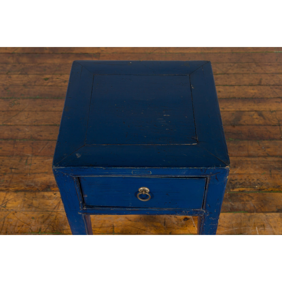 Chinese Ming Dynasty Style Single Drawer Blue Lacquer Table with Horse Hoof Legs-7. Asian & Chinese Furniture, Art, Antiques, Vintage Home Décor for sale at FEA Home
