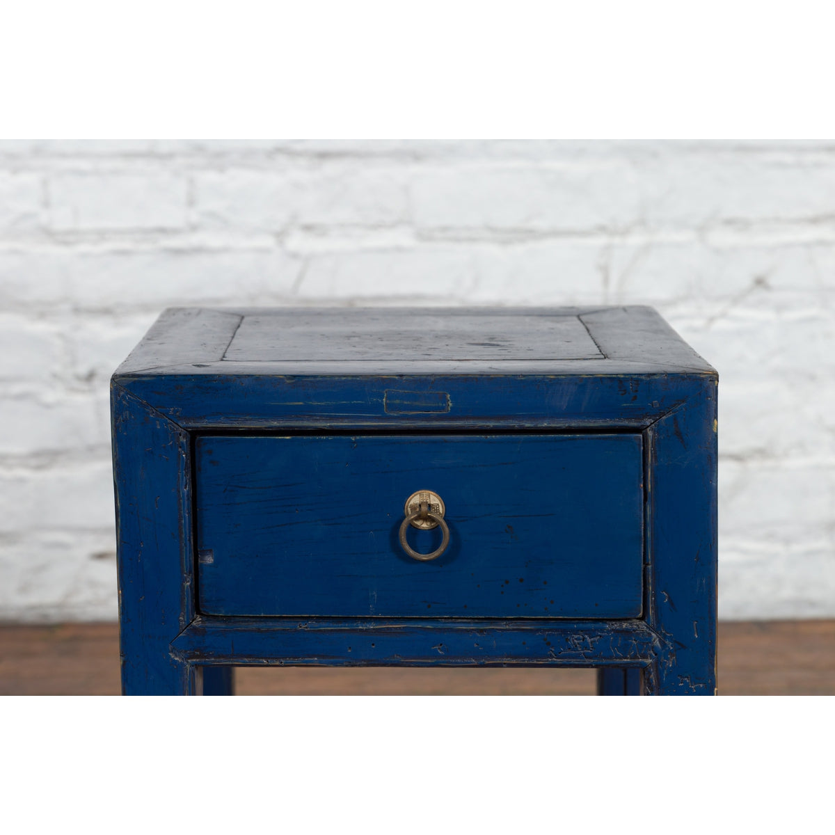Chinese Ming Dynasty Style Single Drawer Blue Lacquer Table with Horse Hoof Legs-8. Asian & Chinese Furniture, Art, Antiques, Vintage Home Décor for sale at FEA Home