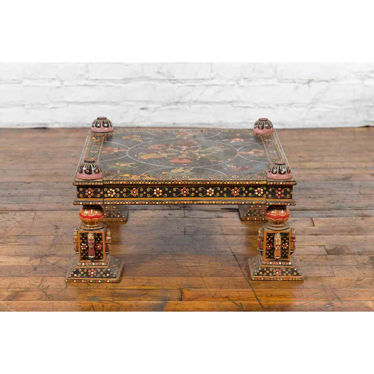 Indian Low Square Table with Colorful Hand-Painted Dancers & Musicians-6. Asian & Chinese Furniture, Art, Antiques, Vintage Home Décor for sale at FEA Home