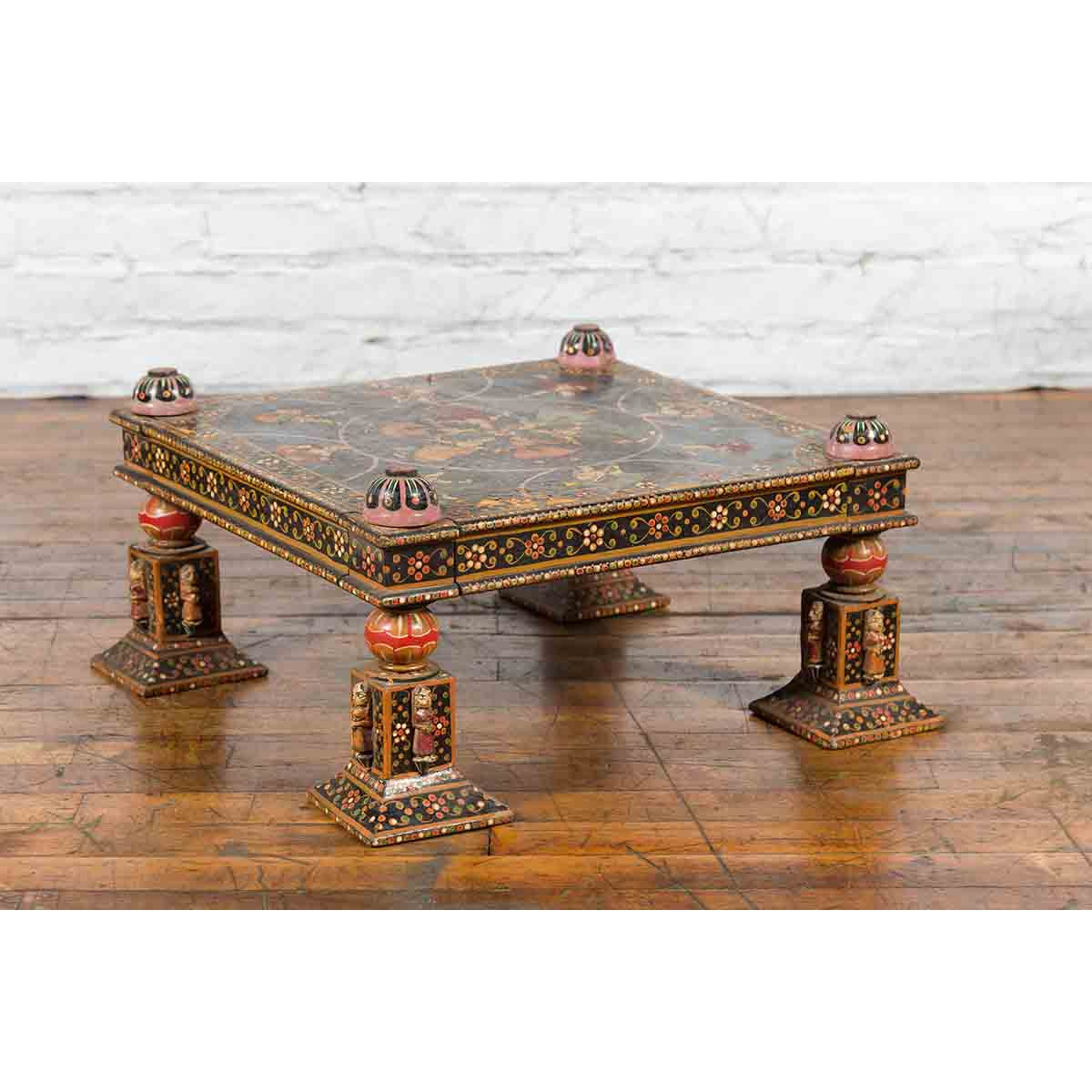 Indian Low Square Table with Colorful Hand-Painted Dancers & Musicians-3. Asian & Chinese Furniture, Art, Antiques, Vintage Home Décor for sale at FEA Home