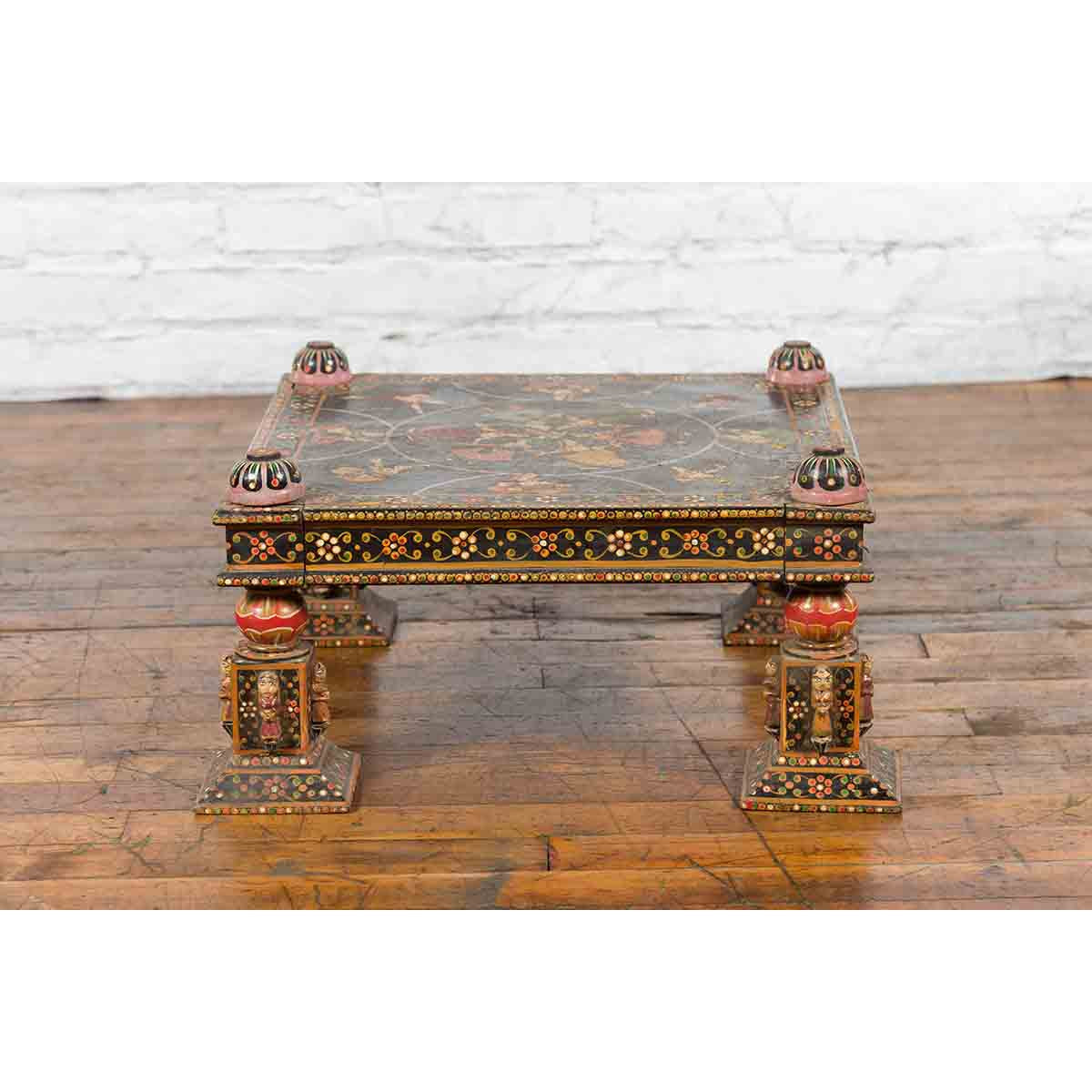 Indian Low Square Table with Colorful Hand-Painted Dancers & Musicians-13. Asian & Chinese Furniture, Art, Antiques, Vintage Home Décor for sale at FEA Home