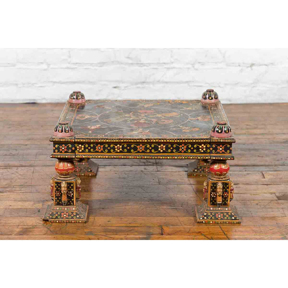 Indian Low Square Table with Colorful Hand-Painted Dancers & Musicians-14. Asian & Chinese Furniture, Art, Antiques, Vintage Home Décor for sale at FEA Home