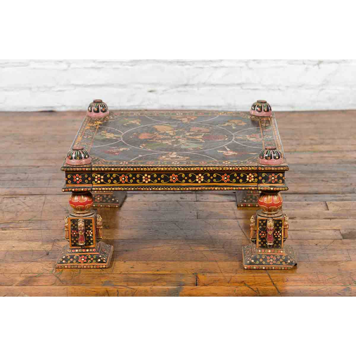 Indian Low Square Table with Colorful Hand-Painted Dancers & Musicians-15. Asian & Chinese Furniture, Art, Antiques, Vintage Home Décor for sale at FEA Home