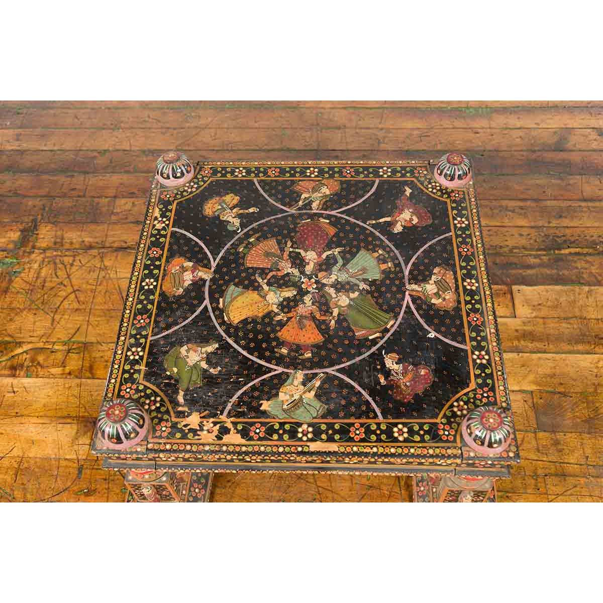 Indian Low Square Table with Colorful Hand-Painted Dancers & Musicians-7. Asian & Chinese Furniture, Art, Antiques, Vintage Home Décor for sale at FEA Home