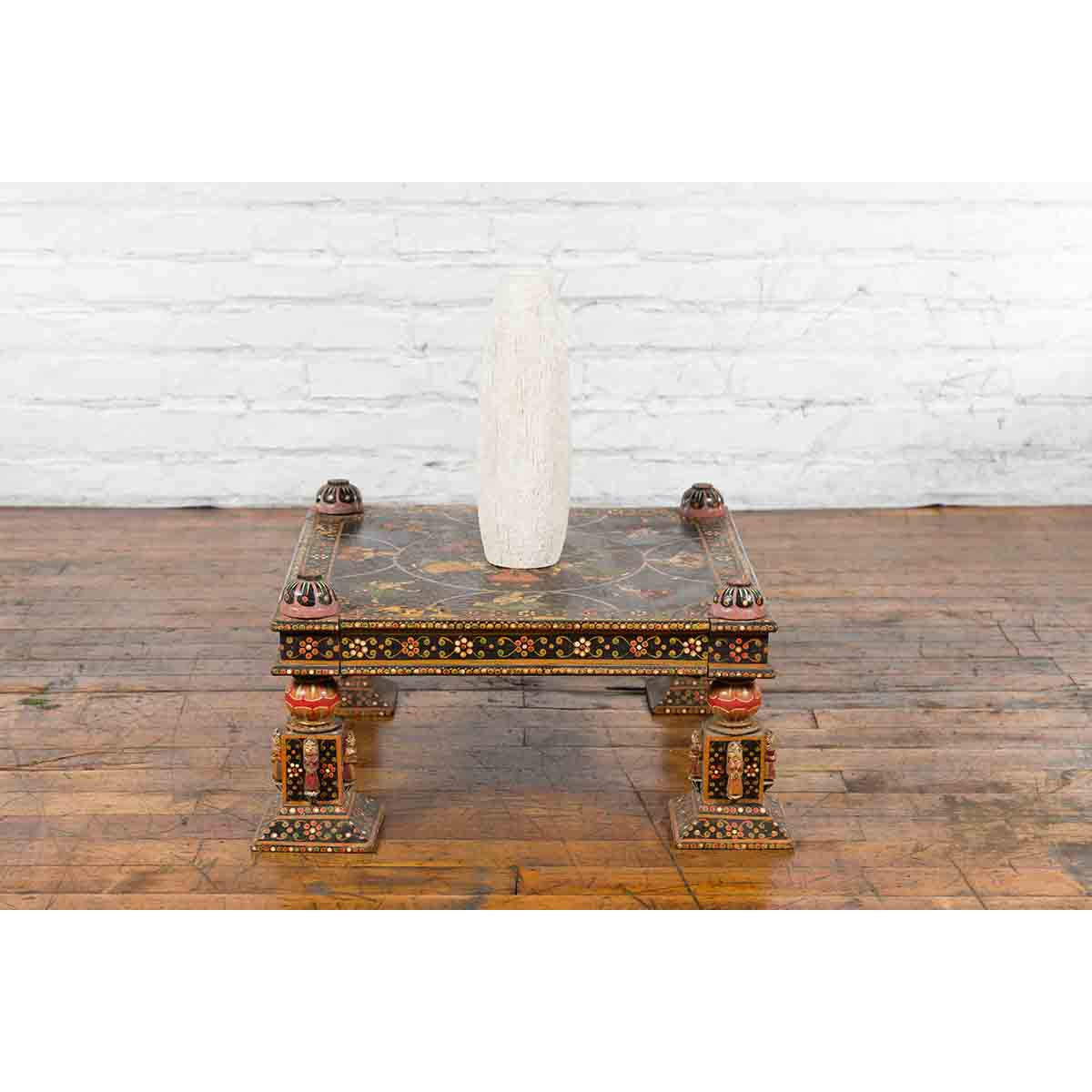 Indian Low Square Table with Colorful Hand-Painted Dancers & Musicians-5. Asian & Chinese Furniture, Art, Antiques, Vintage Home Décor for sale at FEA Home
