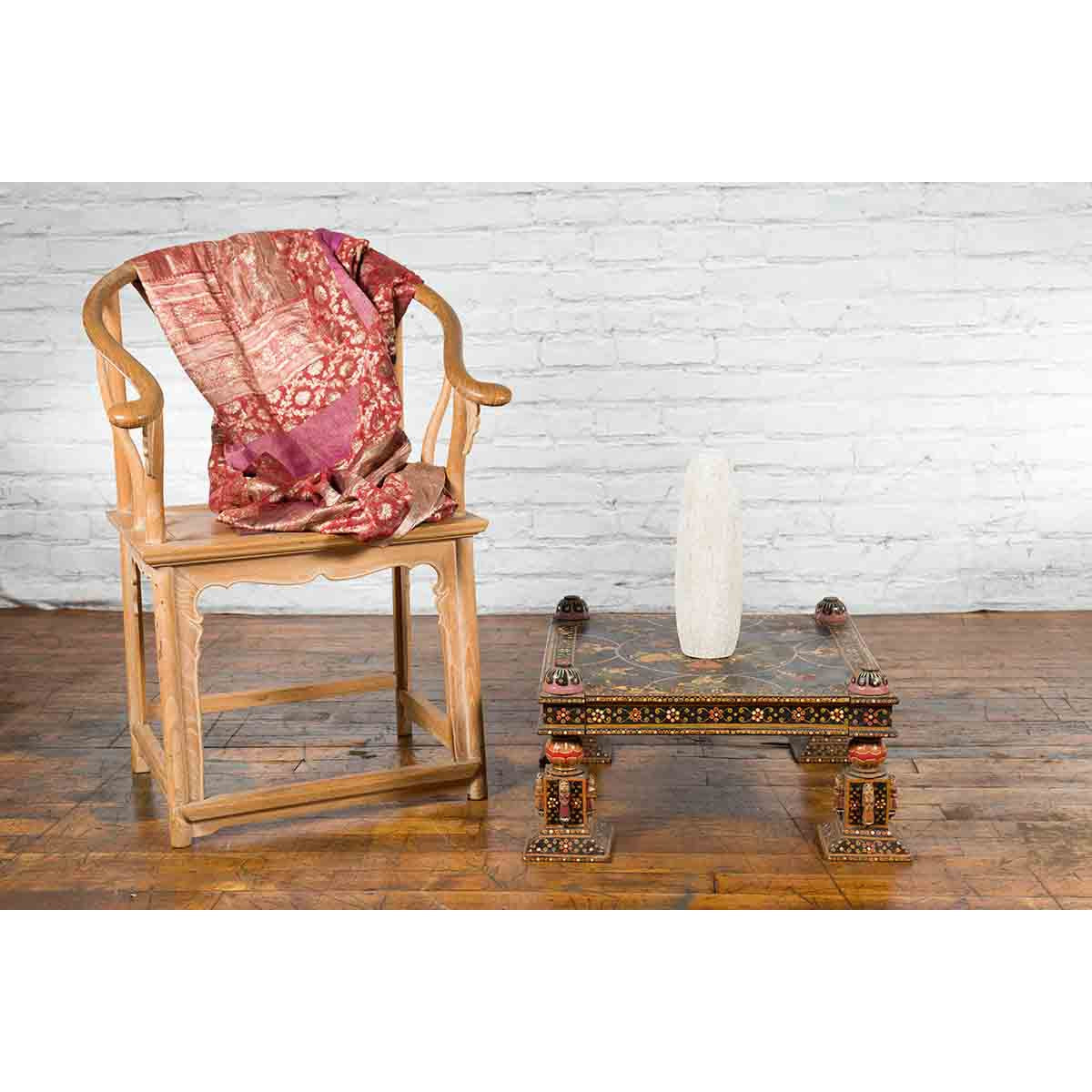 Indian Low Square Table with Colorful Hand-Painted Dancers & Musicians-4. Asian & Chinese Furniture, Art, Antiques, Vintage Home Décor for sale at FEA Home