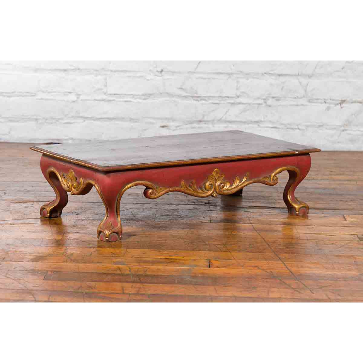 Indonesian Vintage Rococo Style Red and Gold Low Table with Ball-and-claw Feet-9. Asian & Chinese Furniture, Art, Antiques, Vintage Home Décor for sale at FEA Home
