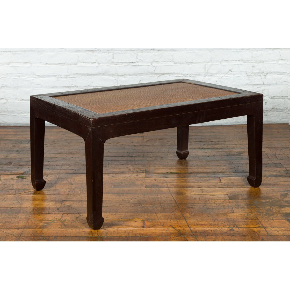 Chinese Early 20th Century Dark Brown Elm Coffee Table with Rattan Inset Top-4. Asian & Chinese Furniture, Art, Antiques, Vintage Home Décor for sale at FEA Home
