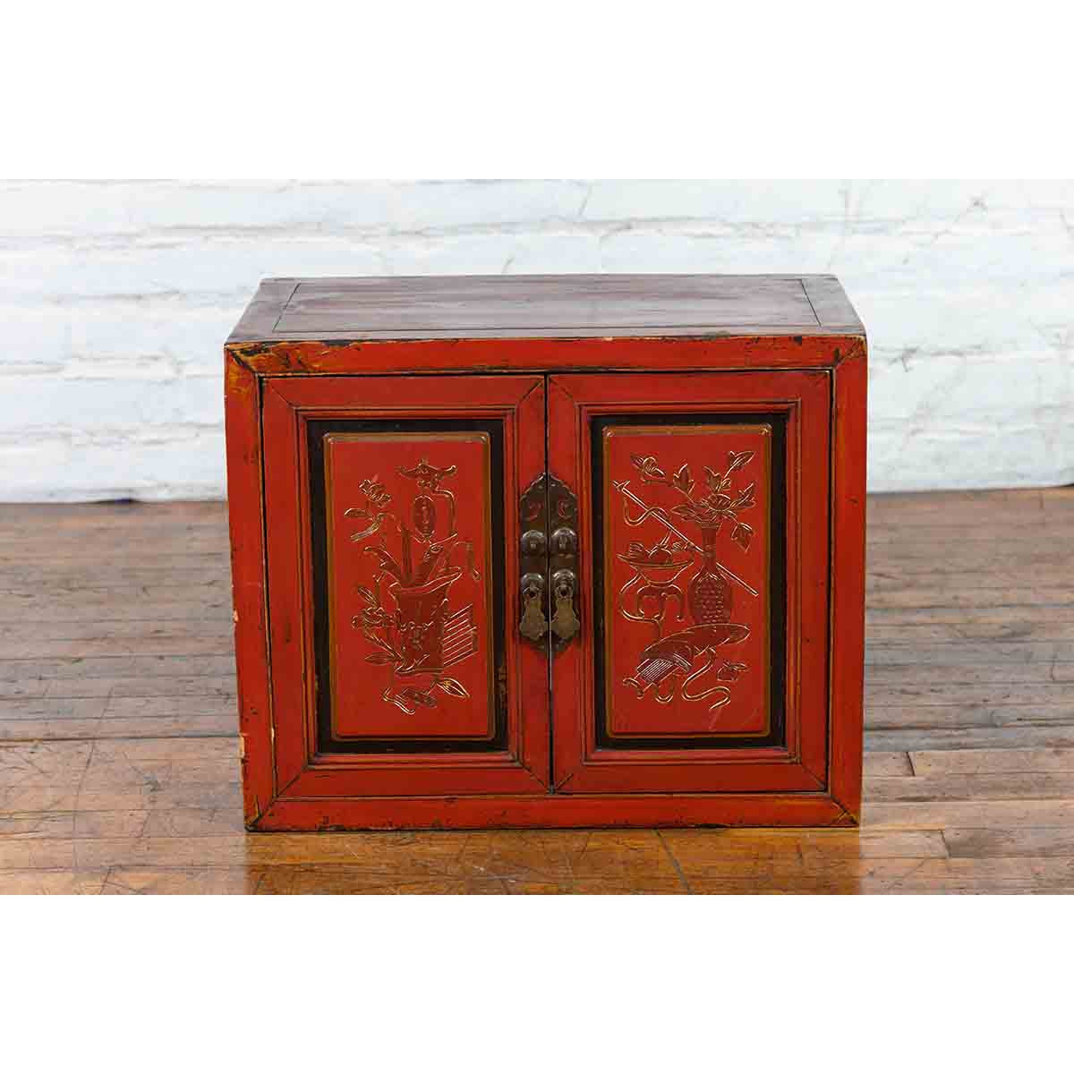19th Century Chinese Qing Dynasty Red Lacquer Cabinet with Hand-Carved Doors-3. Asian & Chinese Furniture, Art, Antiques, Vintage Home Décor for sale at FEA Home