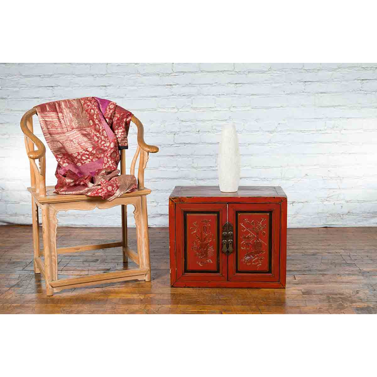 19th Century Chinese Qing Dynasty Red Lacquer Cabinet with Hand-Carved Doors-4. Asian & Chinese Furniture, Art, Antiques, Vintage Home Décor for sale at FEA Home