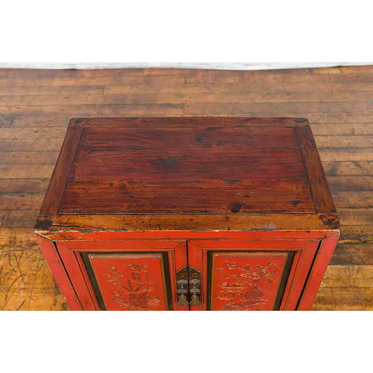 19th Century Chinese Qing Dynasty Red Lacquer Cabinet with Hand-Carved Doors-14. Asian & Chinese Furniture, Art, Antiques, Vintage Home Décor for sale at FEA Home