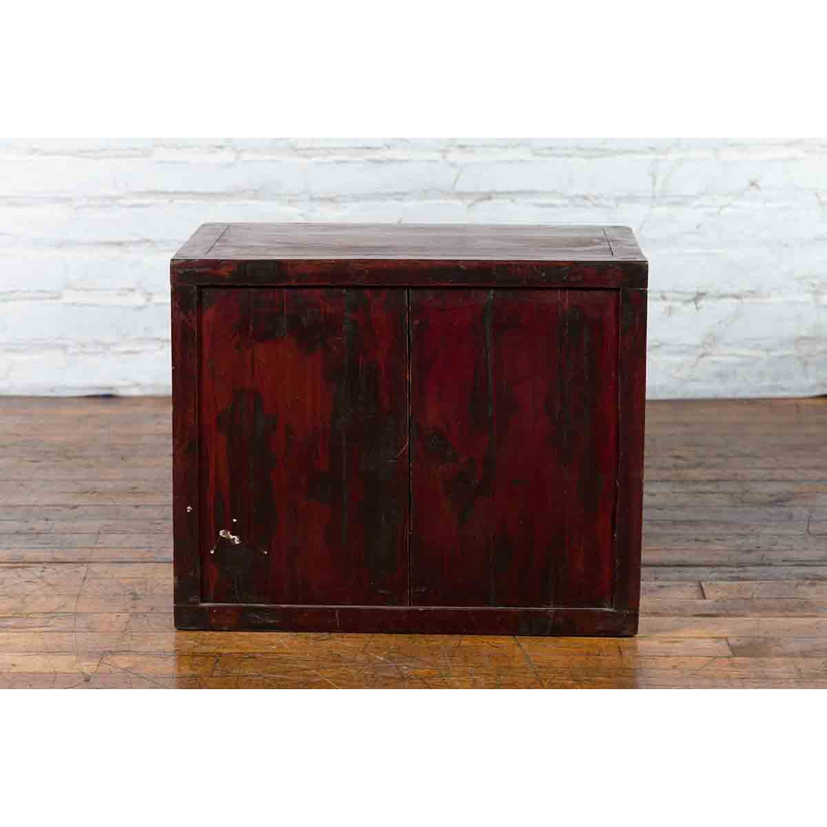 19th Century Chinese Qing Dynasty Red Lacquer Cabinet with Hand-Carved Doors-16. Asian & Chinese Furniture, Art, Antiques, Vintage Home Décor for sale at FEA Home