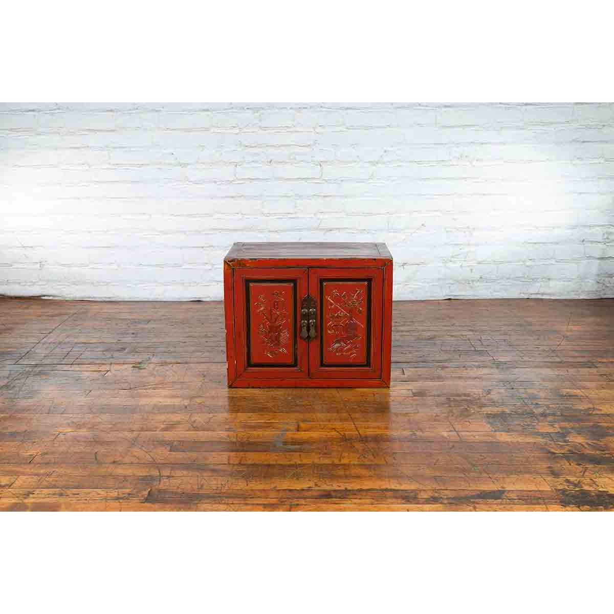 19th Century Chinese Qing Dynasty Red Lacquer Cabinet with Hand-Carved Doors-6. Asian & Chinese Furniture, Art, Antiques, Vintage Home Décor for sale at FEA Home