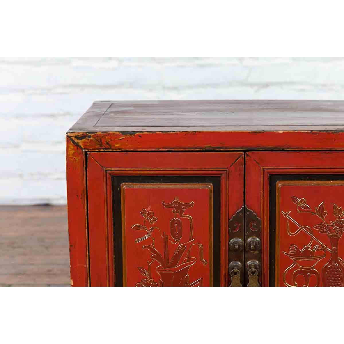 19th Century Chinese Qing Dynasty Red Lacquer Cabinet with Hand-Carved Doors-7. Asian & Chinese Furniture, Art, Antiques, Vintage Home Décor for sale at FEA Home