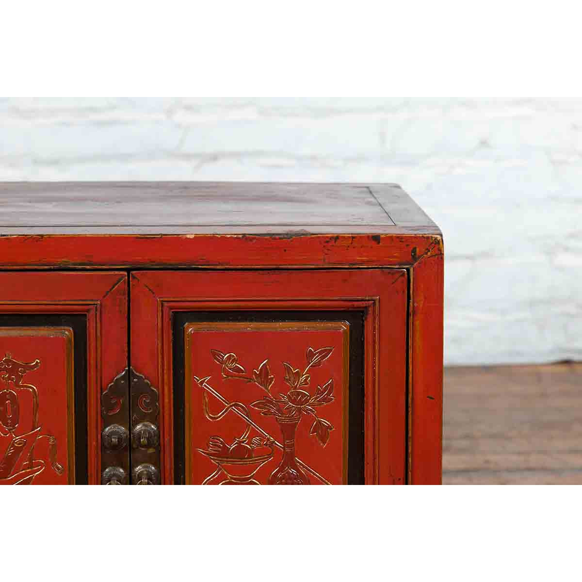 19th Century Chinese Qing Dynasty Red Lacquer Cabinet with Hand-Carved Doors-8. Asian & Chinese Furniture, Art, Antiques, Vintage Home Décor for sale at FEA Home