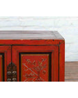 19th Century Chinese Qing Dynasty Red Lacquer Cabinet with Hand-Carved Doors-8. Asian & Chinese Furniture, Art, Antiques, Vintage Home Décor for sale at FEA Home