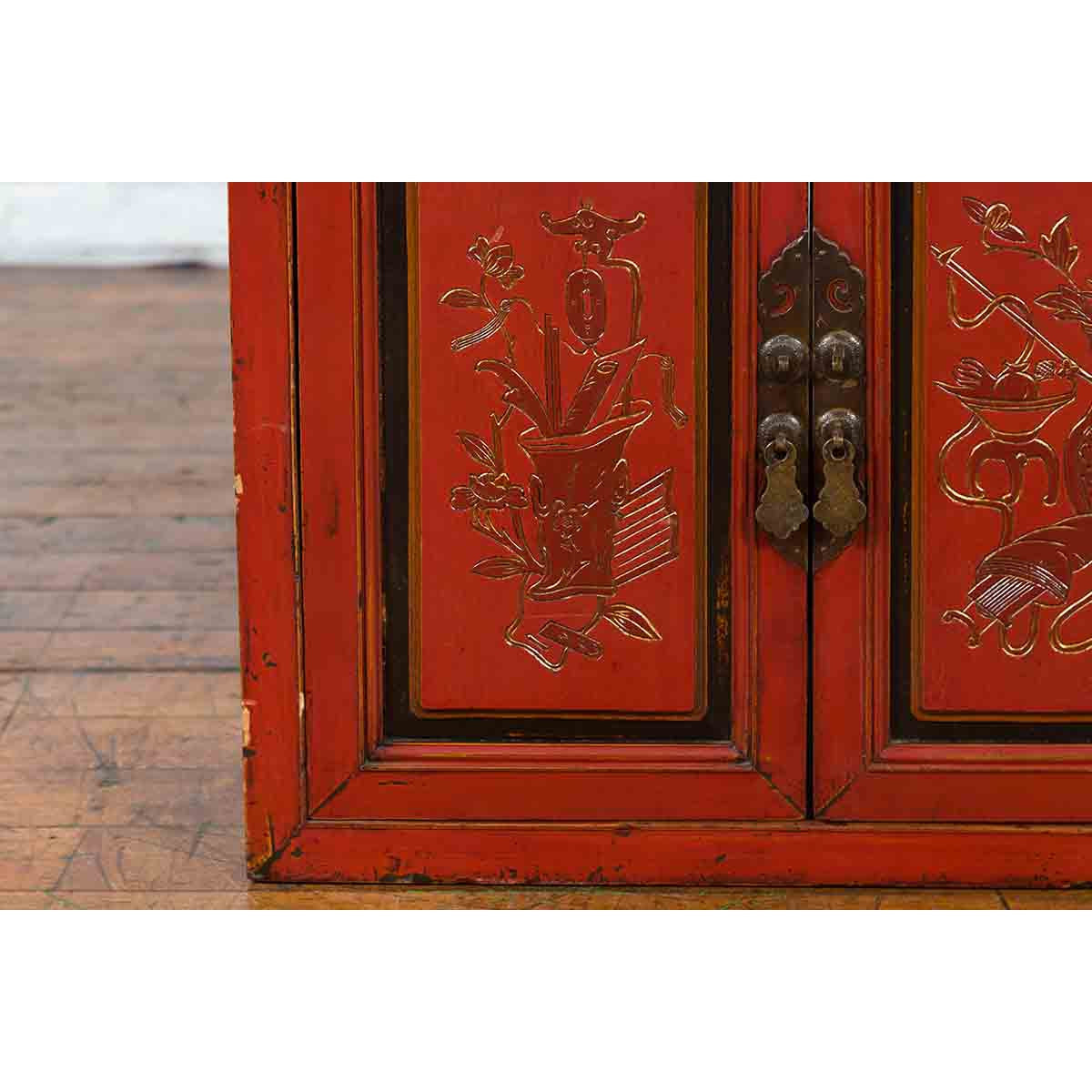 19th Century Chinese Qing Dynasty Red Lacquer Cabinet with Hand-Carved Doors-9. Asian & Chinese Furniture, Art, Antiques, Vintage Home Décor for sale at FEA Home
