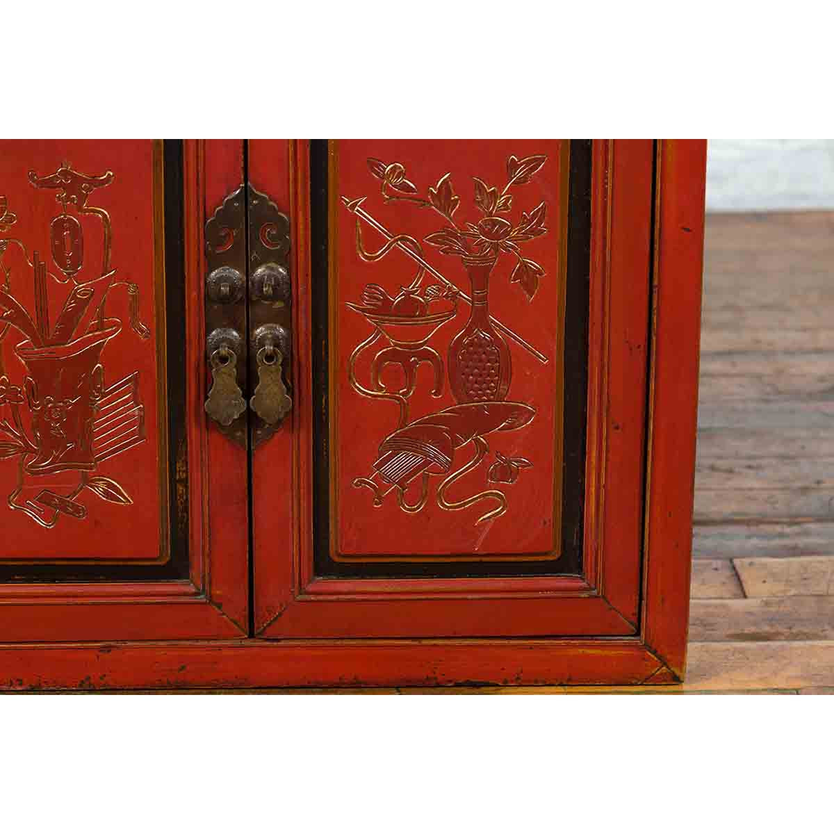 19th Century Chinese Qing Dynasty Red Lacquer Cabinet with Hand-Carved Doors-10. Asian & Chinese Furniture, Art, Antiques, Vintage Home Décor for sale at FEA Home