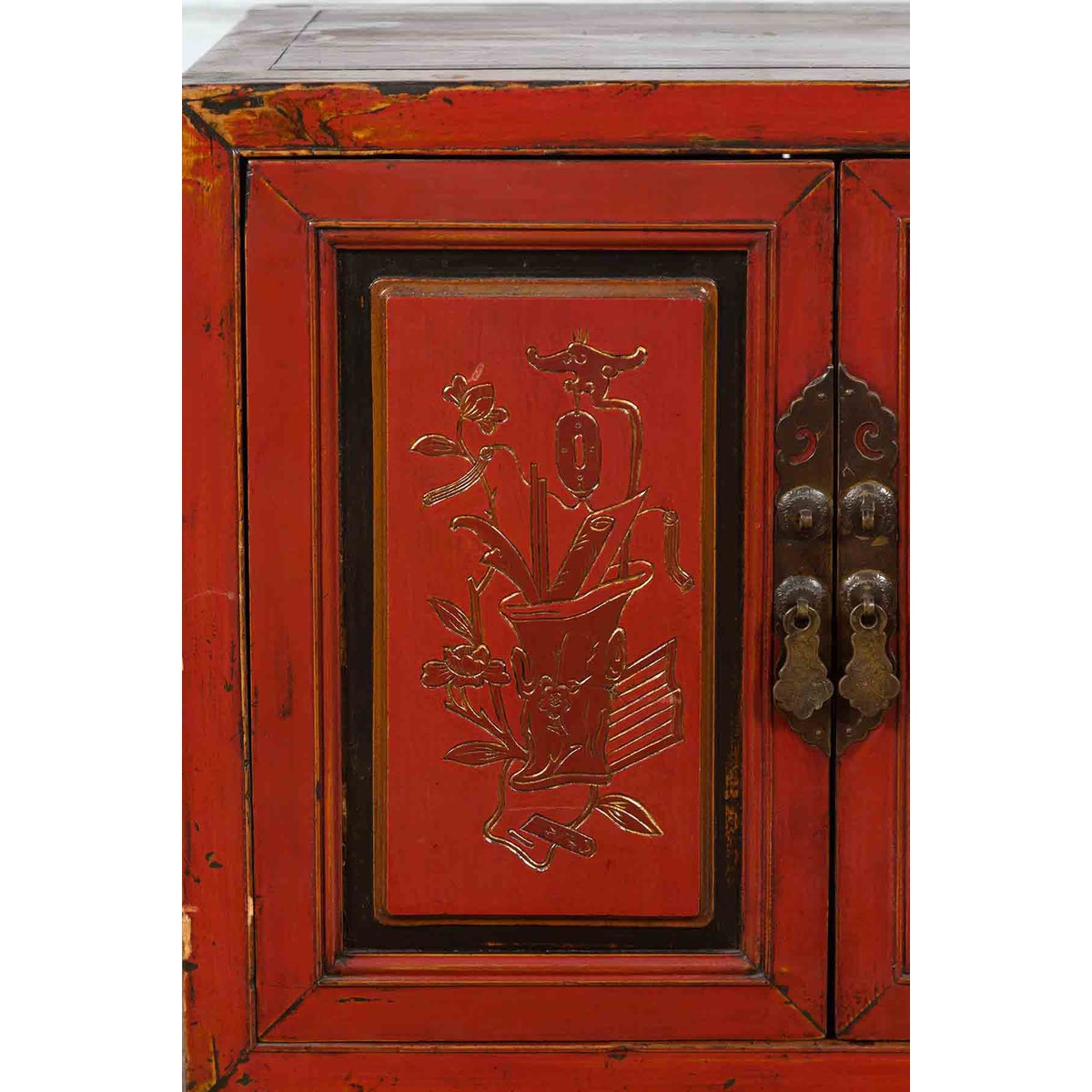 19th Century Chinese Qing Dynasty Red Lacquer Cabinet with Hand-Carved Doors-11. Asian & Chinese Furniture, Art, Antiques, Vintage Home Décor for sale at FEA Home