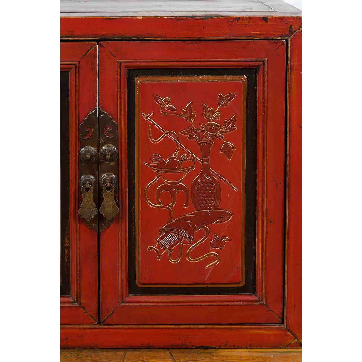19th Century Chinese Qing Dynasty Red Lacquer Cabinet with Hand-Carved Doors-12. Asian & Chinese Furniture, Art, Antiques, Vintage Home Décor for sale at FEA Home