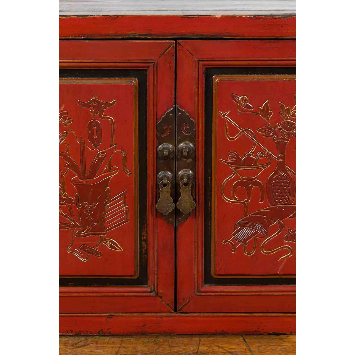 19th Century Chinese Qing Dynasty Red Lacquer Cabinet with Hand-Carved Doors-13. Asian & Chinese Furniture, Art, Antiques, Vintage Home Décor for sale at FEA Home