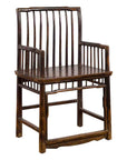 Brown elmwood Chinese Qing Dynasty 19th century armchair with slatted back and arms, rustic simple design.