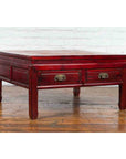Chinese Dark Red Lacquered Coffee Table with Bamboo Top and Long Drawers-2. Asian & Chinese Furniture, Art, Antiques, Vintage Home Décor for sale at FEA Home