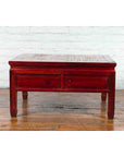 Chinese Dark Red Lacquered Coffee Table with Bamboo Top and Long Drawers-14. Asian & Chinese Furniture, Art, Antiques, Vintage Home Décor for sale at FEA Home