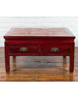 Chinese Dark Red Lacquered Coffee Table with Bamboo Top and Long Drawers-4. Asian & Chinese Furniture, Art, Antiques, Vintage Home Décor for sale at FEA Home