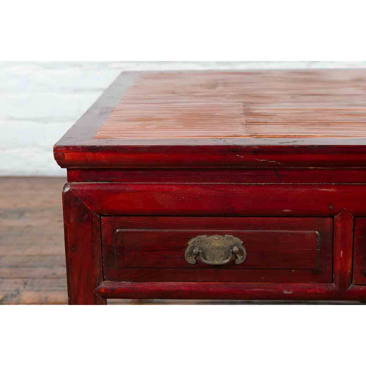 Chinese Dark Red Lacquered Coffee Table with Bamboo Top and Long Drawers-5. Asian & Chinese Furniture, Art, Antiques, Vintage Home Décor for sale at FEA Home