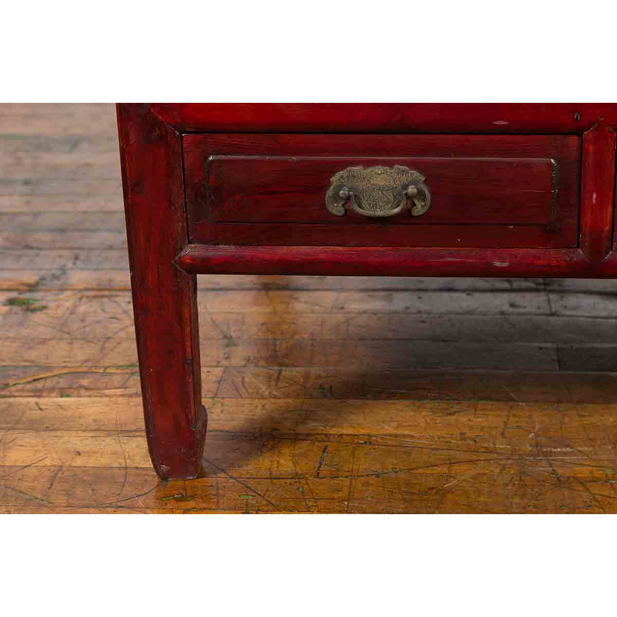 Chinese Dark Red Lacquered Coffee Table with Bamboo Top and Long Drawers-7. Asian & Chinese Furniture, Art, Antiques, Vintage Home Décor for sale at FEA Home