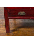 Chinese Dark Red Lacquered Coffee Table with Bamboo Top and Long Drawers-7. Asian & Chinese Furniture, Art, Antiques, Vintage Home Décor for sale at FEA Home